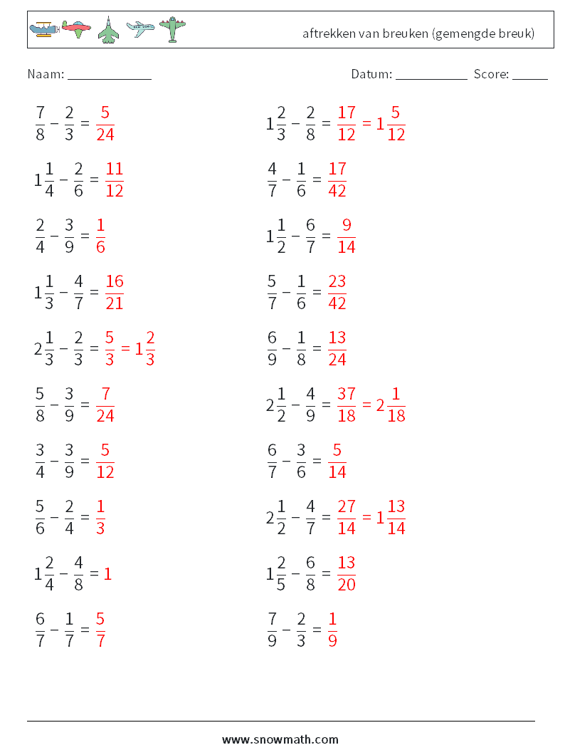 (20) aftrekken van breuken (gemengde breuk) Wiskundige werkbladen 12 Vraag, Antwoord