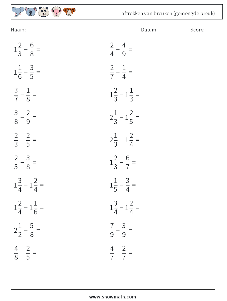 (20) aftrekken van breuken (gemengde breuk) Wiskundige werkbladen 13