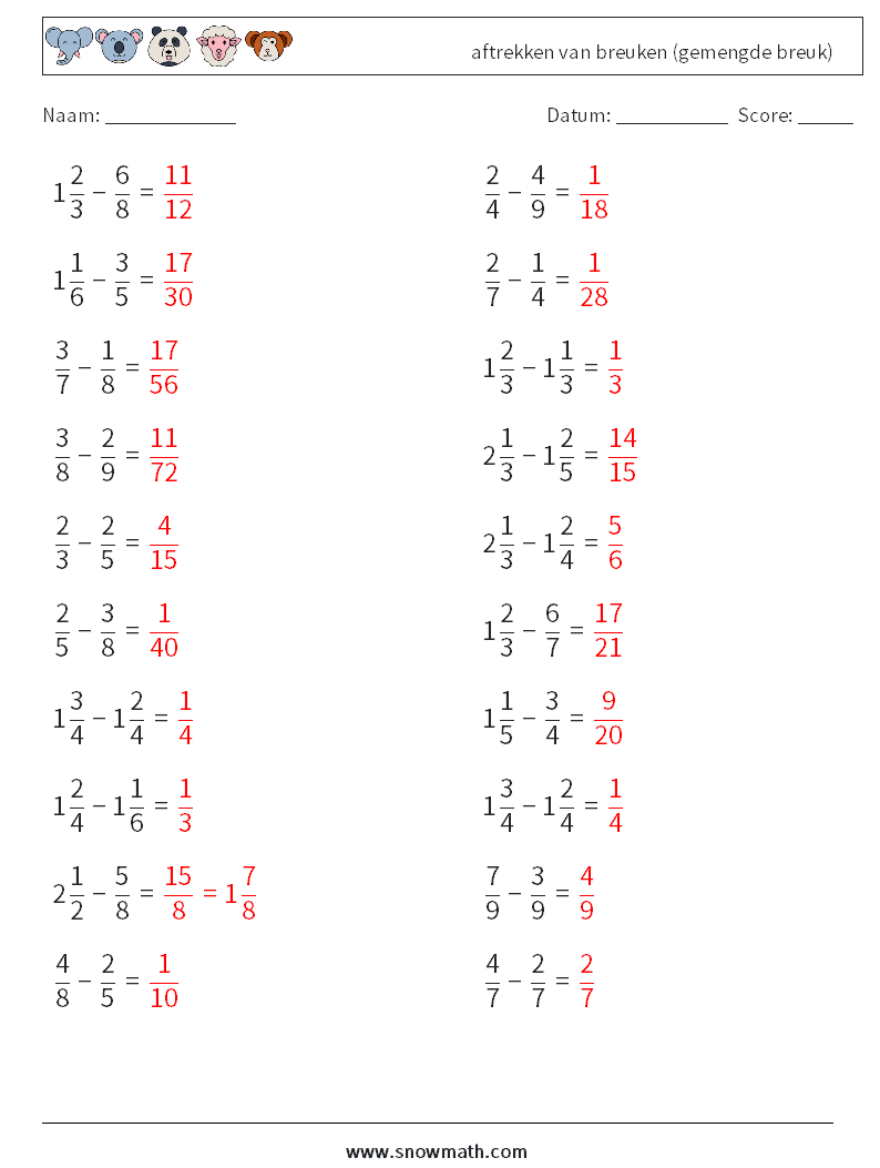 (20) aftrekken van breuken (gemengde breuk) Wiskundige werkbladen 13 Vraag, Antwoord