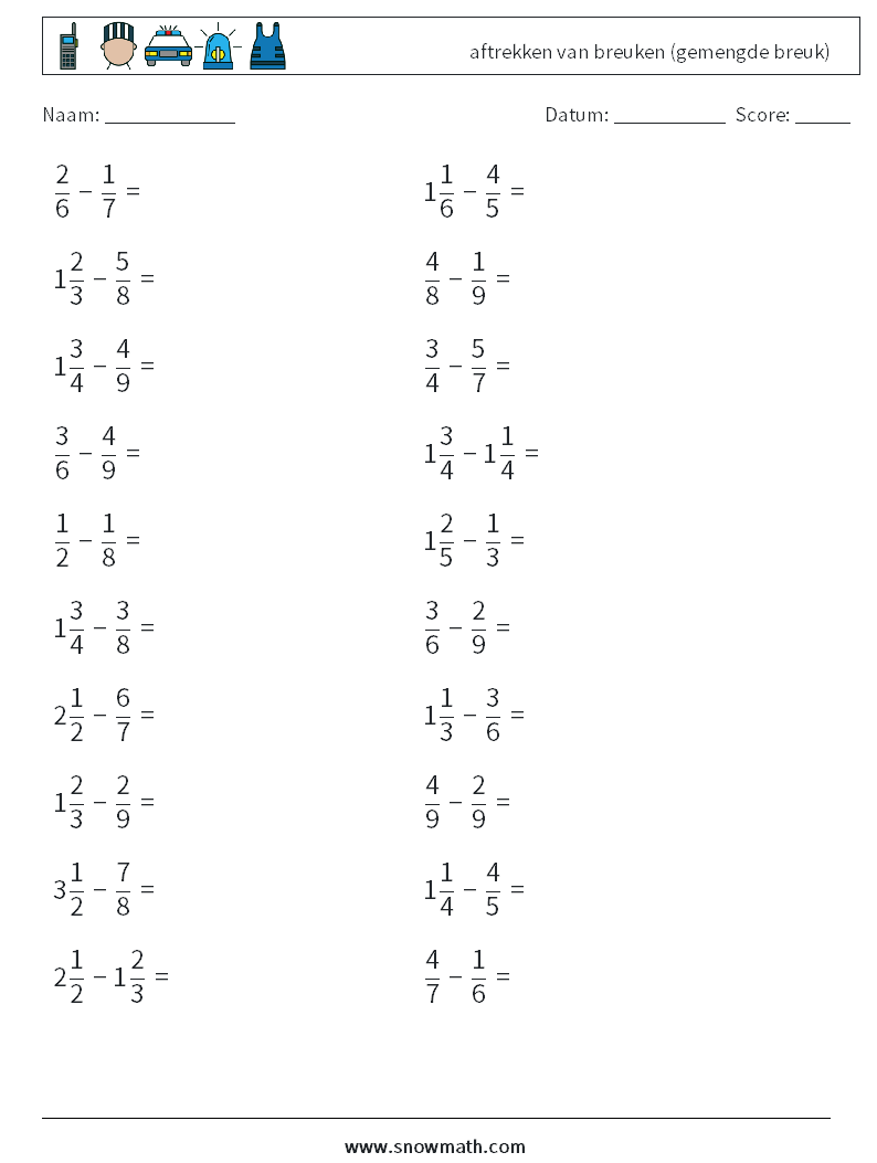 (20) aftrekken van breuken (gemengde breuk) Wiskundige werkbladen 14