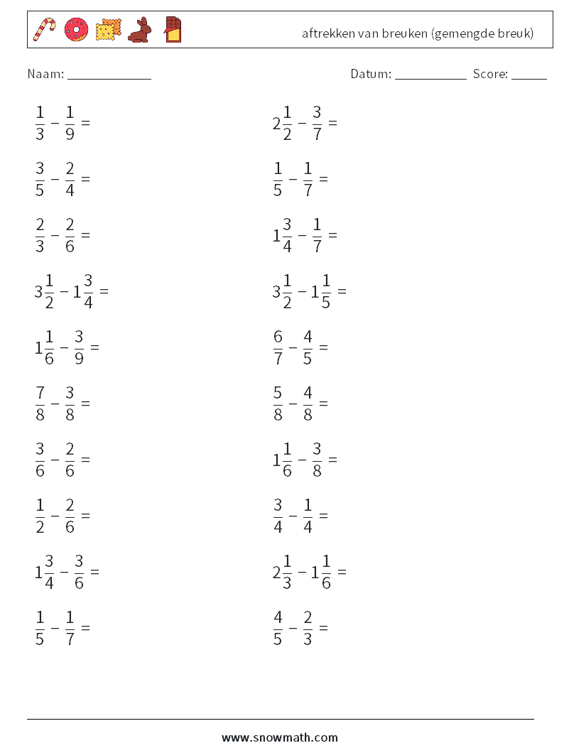 (20) aftrekken van breuken (gemengde breuk) Wiskundige werkbladen 16