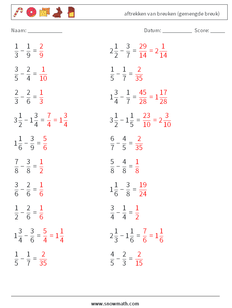 (20) aftrekken van breuken (gemengde breuk) Wiskundige werkbladen 16 Vraag, Antwoord