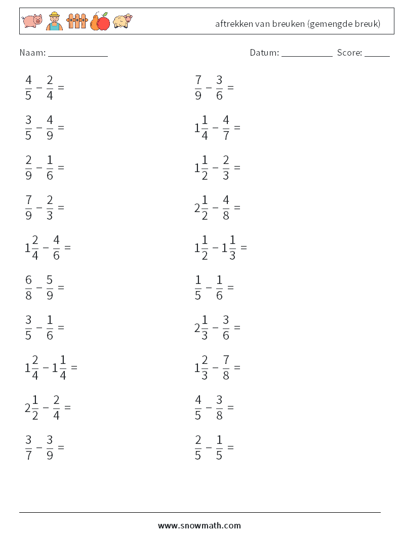 (20) aftrekken van breuken (gemengde breuk) Wiskundige werkbladen 17