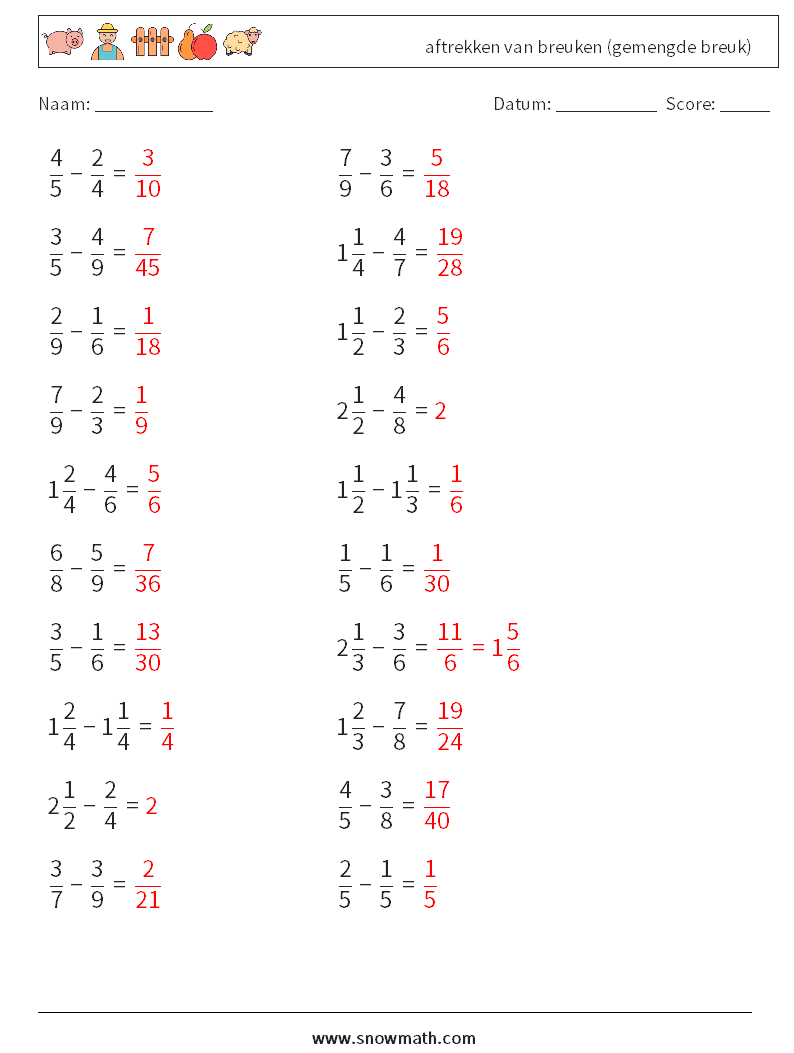 (20) aftrekken van breuken (gemengde breuk) Wiskundige werkbladen 17 Vraag, Antwoord