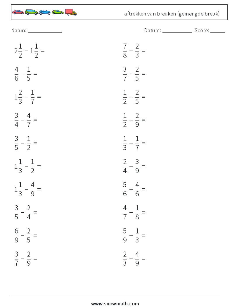 (20) aftrekken van breuken (gemengde breuk) Wiskundige werkbladen 18
