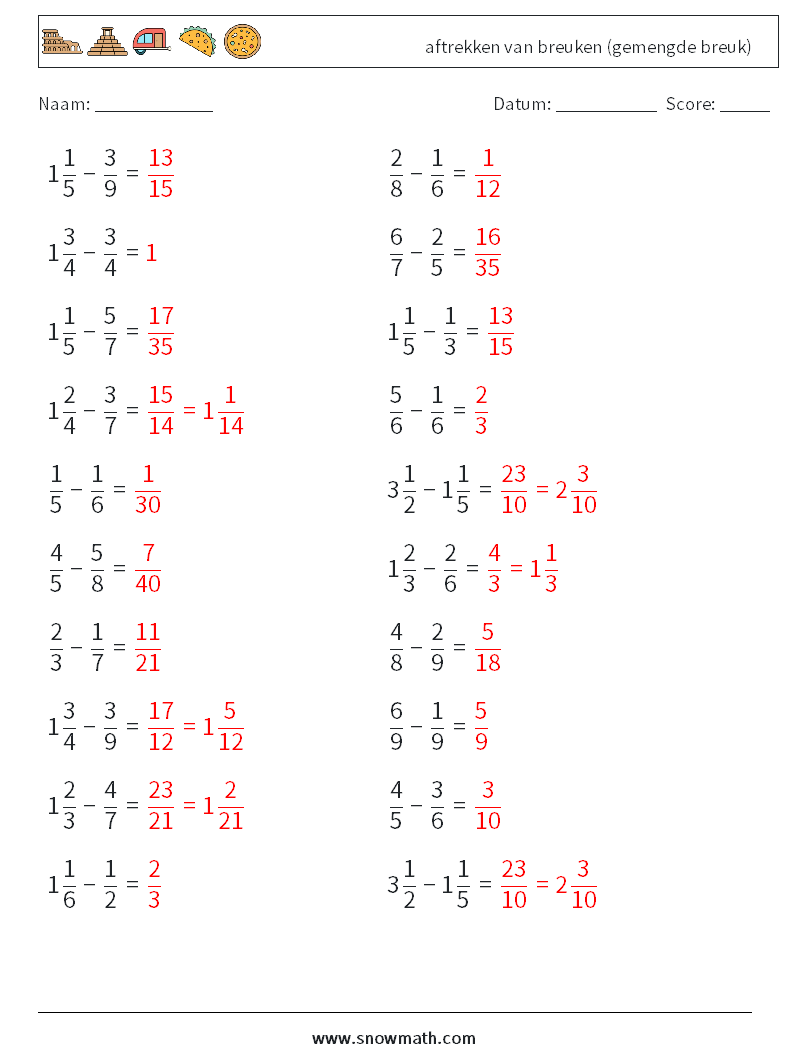 (20) aftrekken van breuken (gemengde breuk) Wiskundige werkbladen 1 Vraag, Antwoord