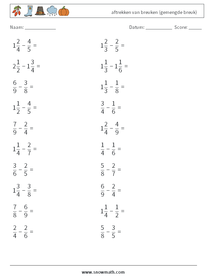 (20) aftrekken van breuken (gemengde breuk) Wiskundige werkbladen 2
