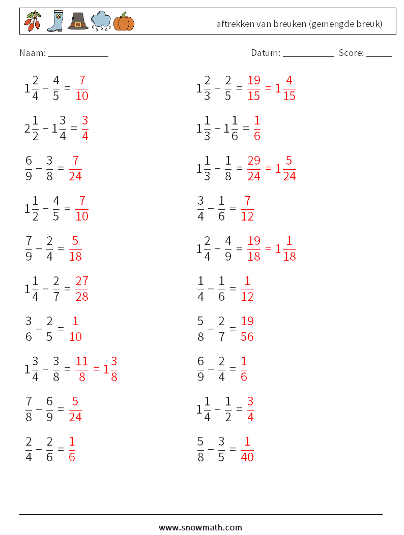 (20) aftrekken van breuken (gemengde breuk) Wiskundige werkbladen 2 Vraag, Antwoord