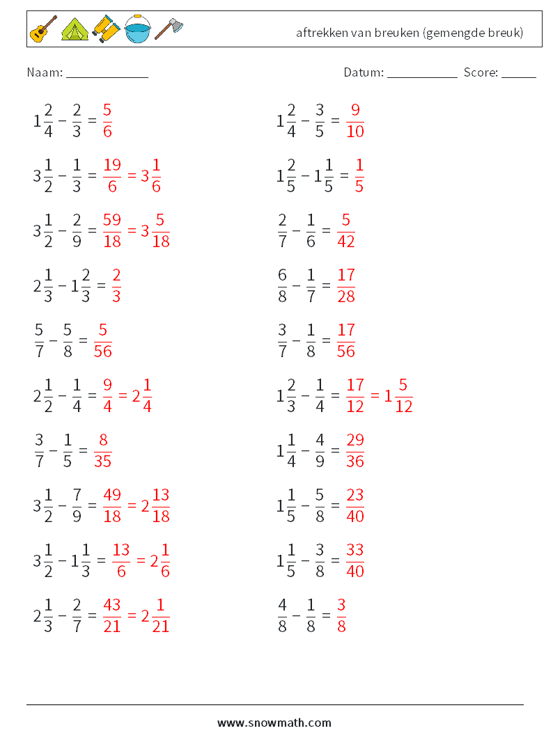(20) aftrekken van breuken (gemengde breuk) Wiskundige werkbladen 3 Vraag, Antwoord