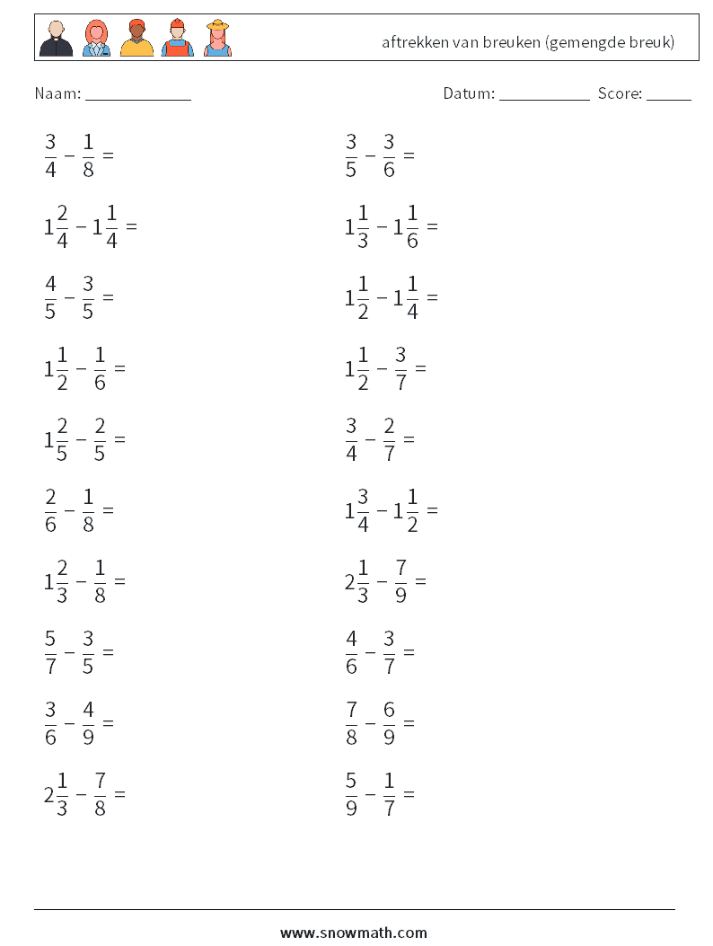 (20) aftrekken van breuken (gemengde breuk) Wiskundige werkbladen 4