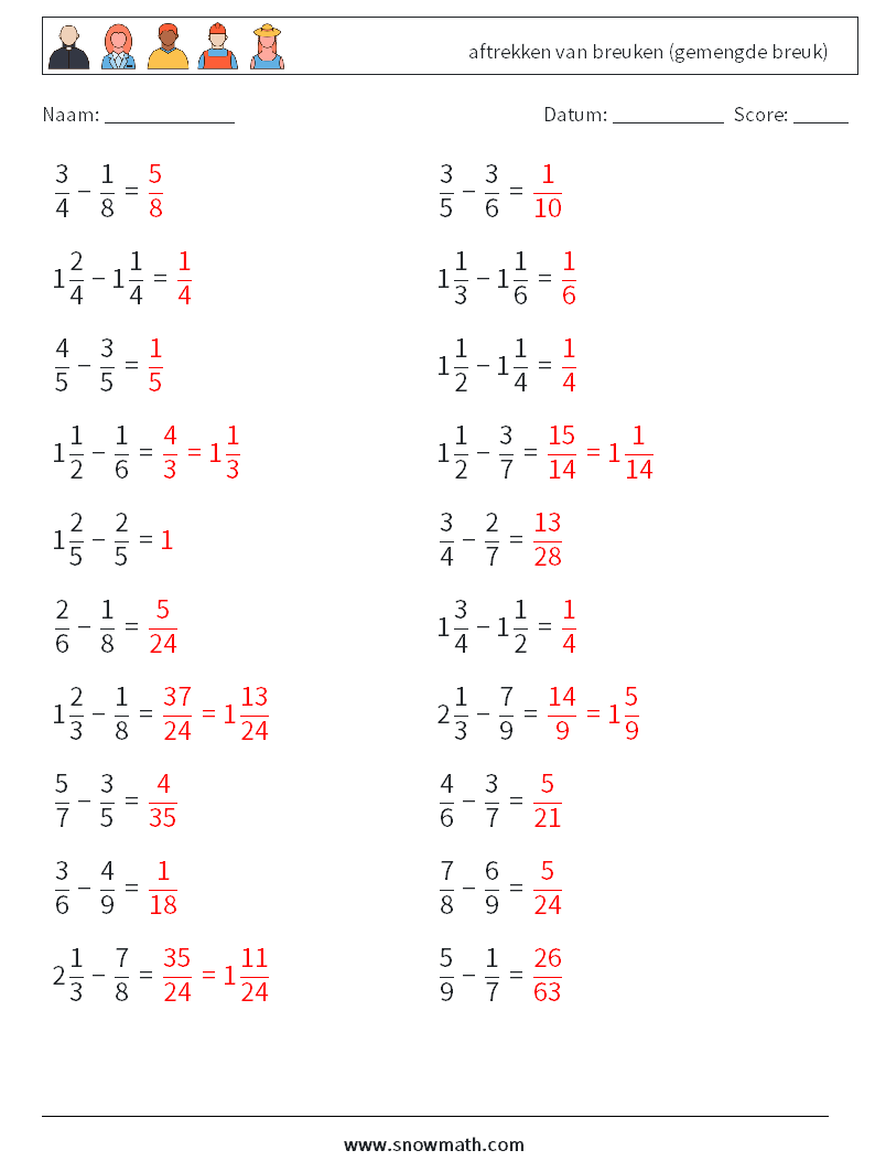 (20) aftrekken van breuken (gemengde breuk) Wiskundige werkbladen 4 Vraag, Antwoord