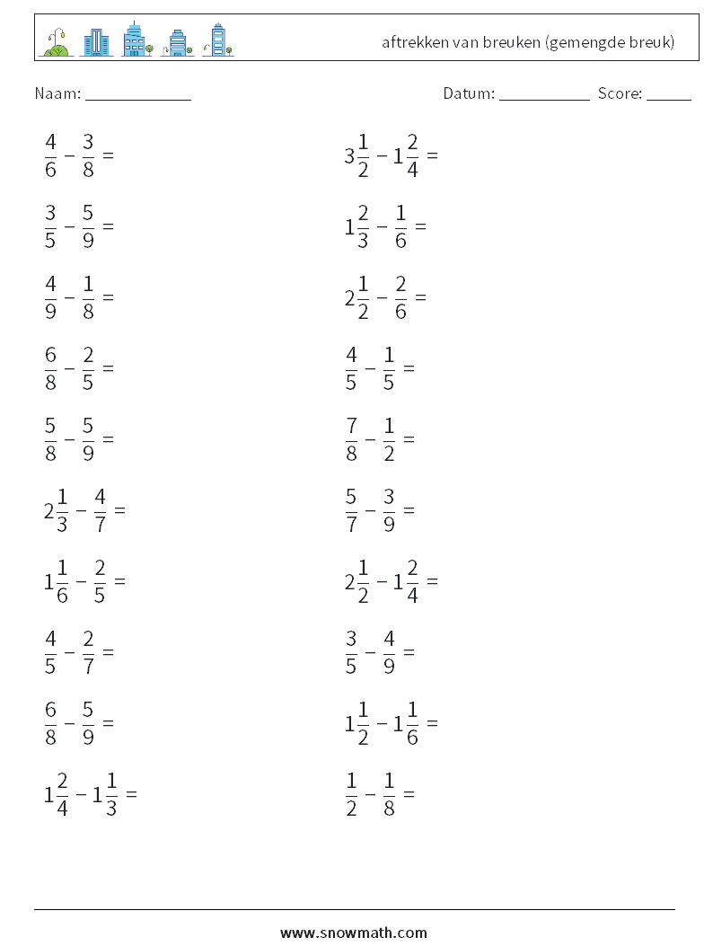 (20) aftrekken van breuken (gemengde breuk) Wiskundige werkbladen 5