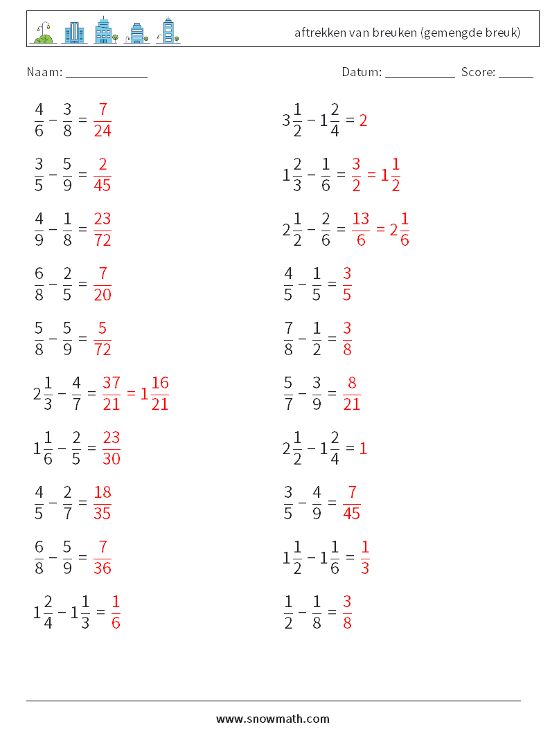 (20) aftrekken van breuken (gemengde breuk) Wiskundige werkbladen 5 Vraag, Antwoord
