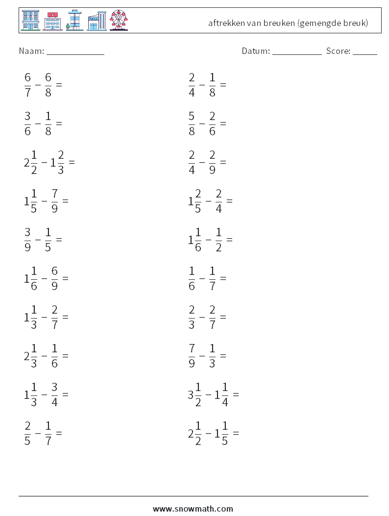 (20) aftrekken van breuken (gemengde breuk) Wiskundige werkbladen 6