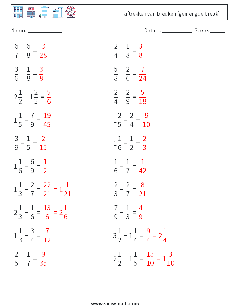 (20) aftrekken van breuken (gemengde breuk) Wiskundige werkbladen 6 Vraag, Antwoord