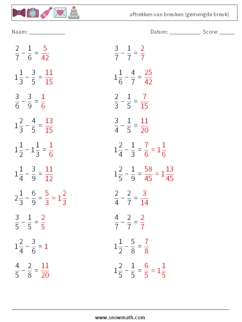 (20) aftrekken van breuken (gemengde breuk) Wiskundige werkbladen 7 Vraag, Antwoord