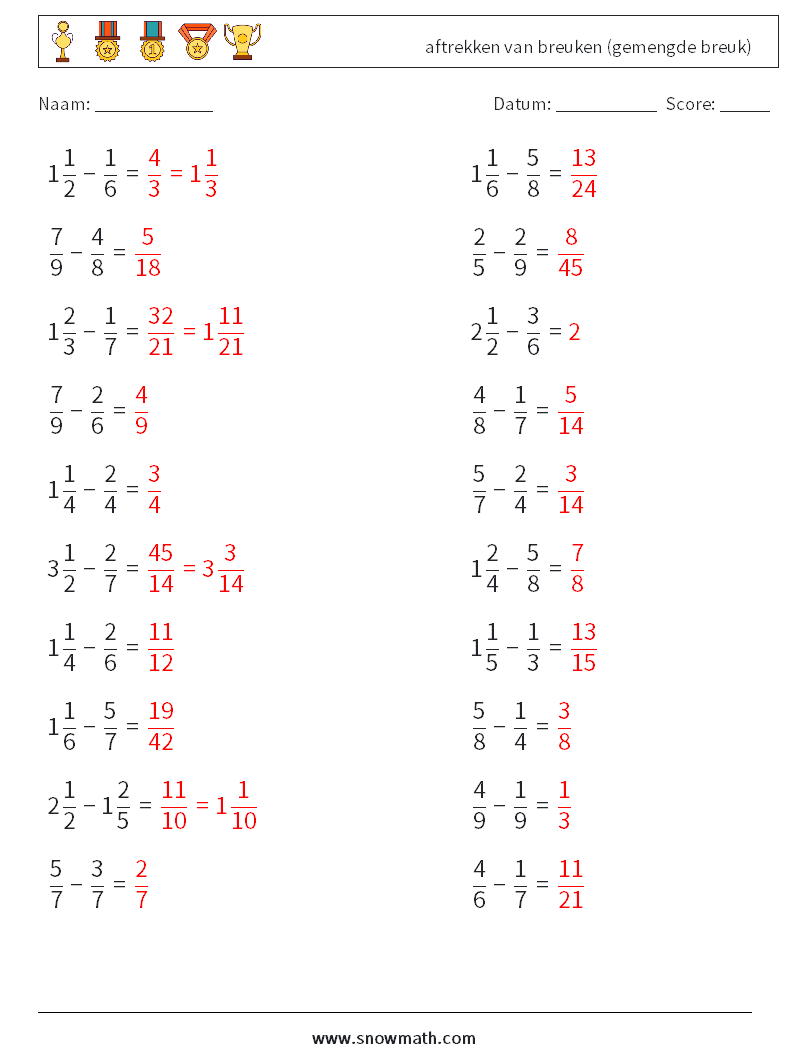 (20) aftrekken van breuken (gemengde breuk) Wiskundige werkbladen 8 Vraag, Antwoord