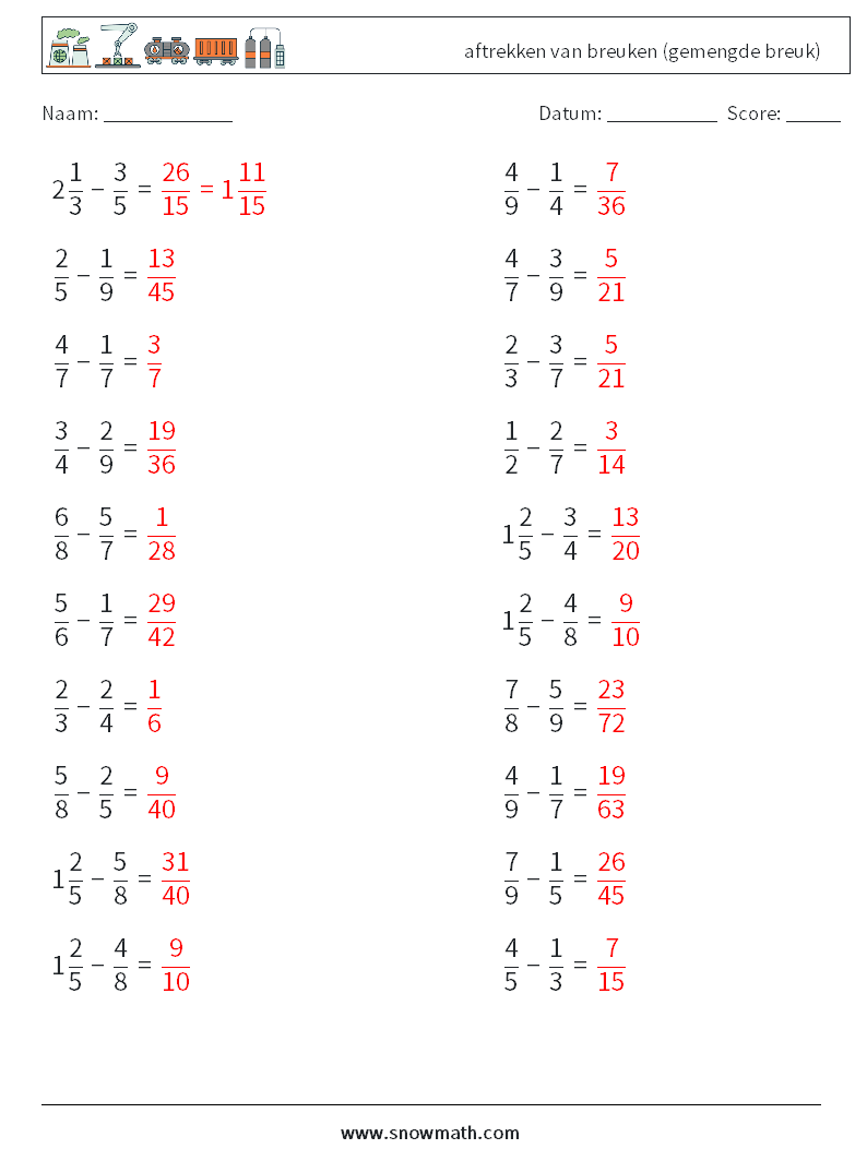 (20) aftrekken van breuken (gemengde breuk) Wiskundige werkbladen 9 Vraag, Antwoord