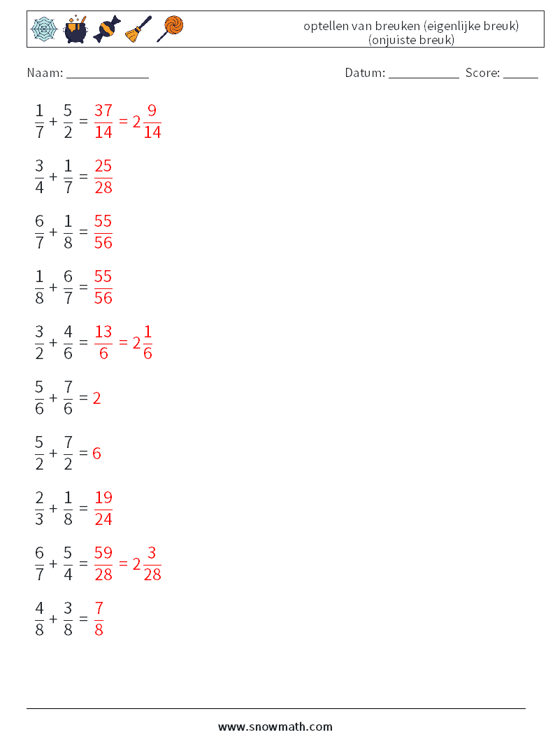 (10) optellen van breuken (eigenlijke breuk) (onjuiste breuk) Wiskundige werkbladen 10 Vraag, Antwoord