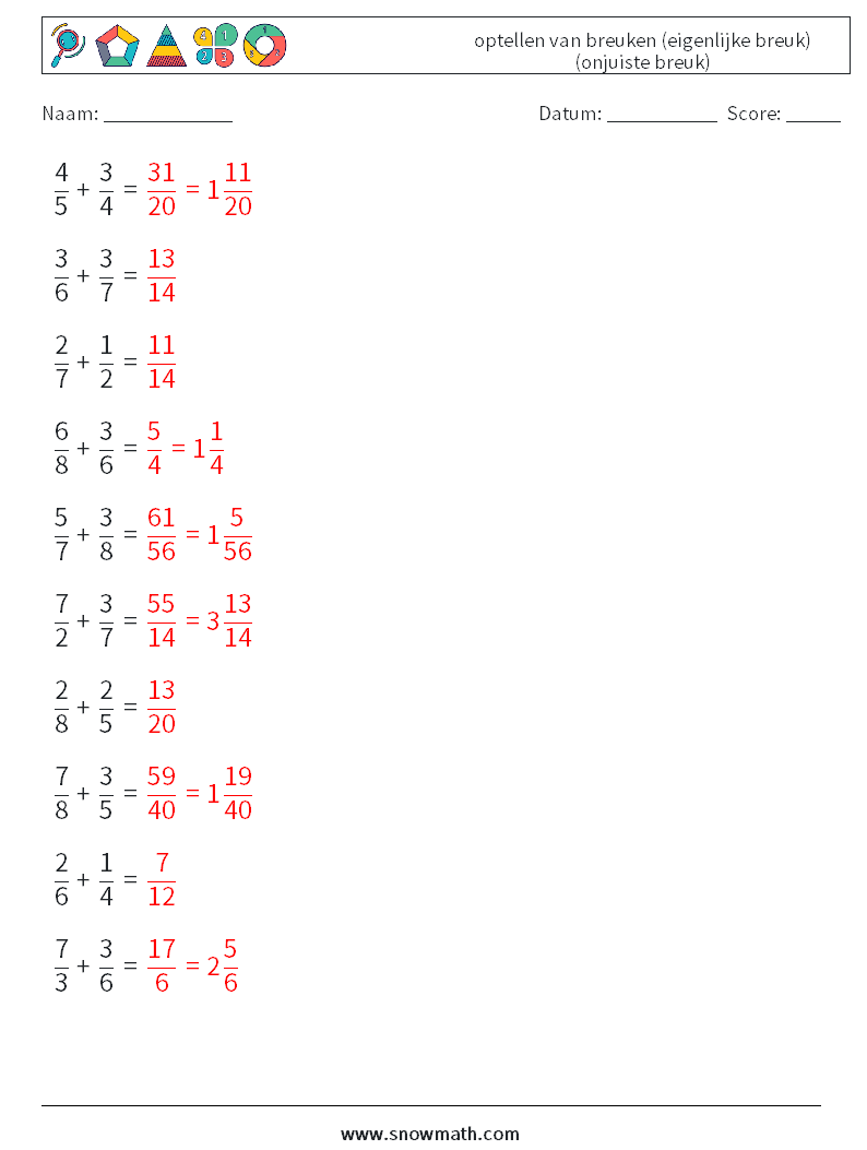 (10) optellen van breuken (eigenlijke breuk) (onjuiste breuk) Wiskundige werkbladen 12 Vraag, Antwoord