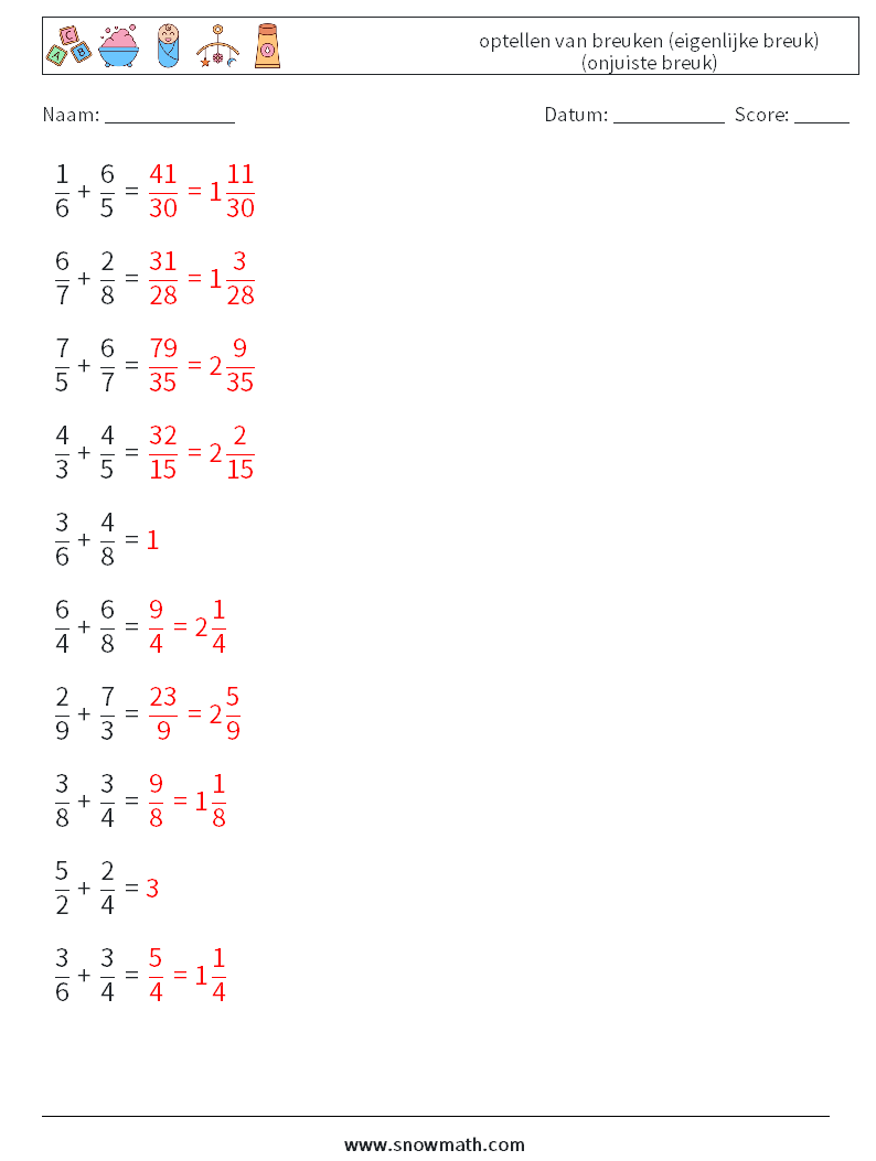 (10) optellen van breuken (eigenlijke breuk) (onjuiste breuk) Wiskundige werkbladen 14 Vraag, Antwoord