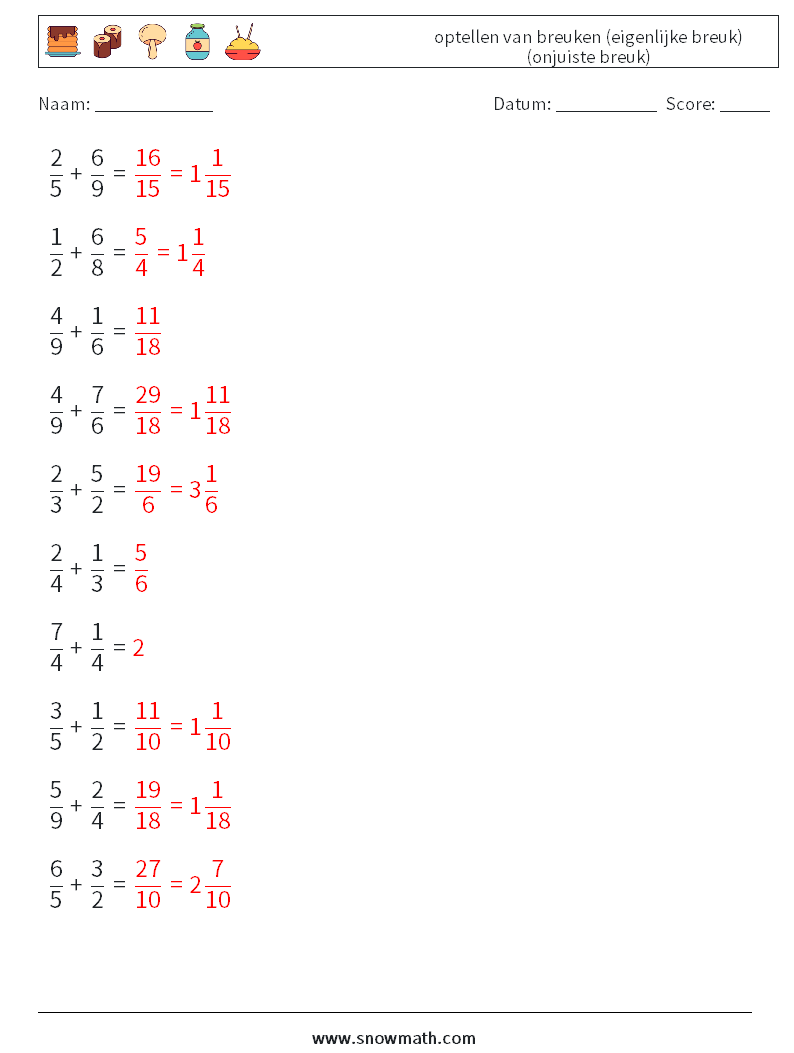 (10) optellen van breuken (eigenlijke breuk) (onjuiste breuk) Wiskundige werkbladen 17 Vraag, Antwoord