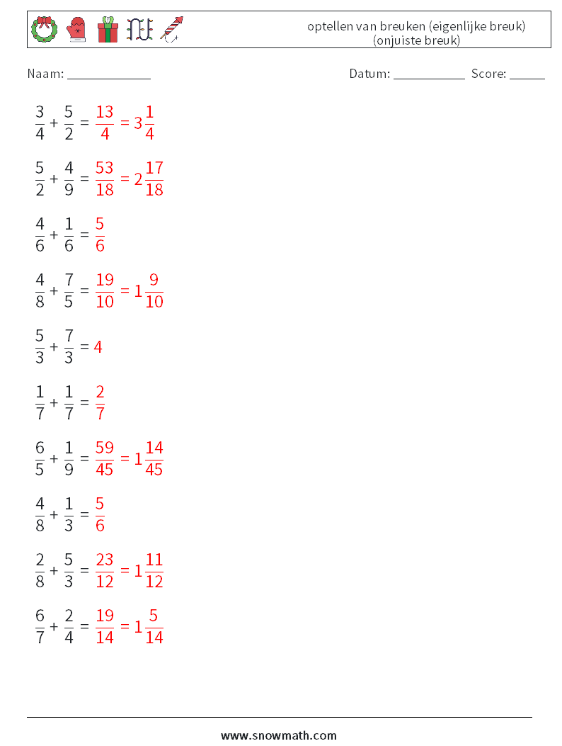 (10) optellen van breuken (eigenlijke breuk) (onjuiste breuk) Wiskundige werkbladen 18 Vraag, Antwoord