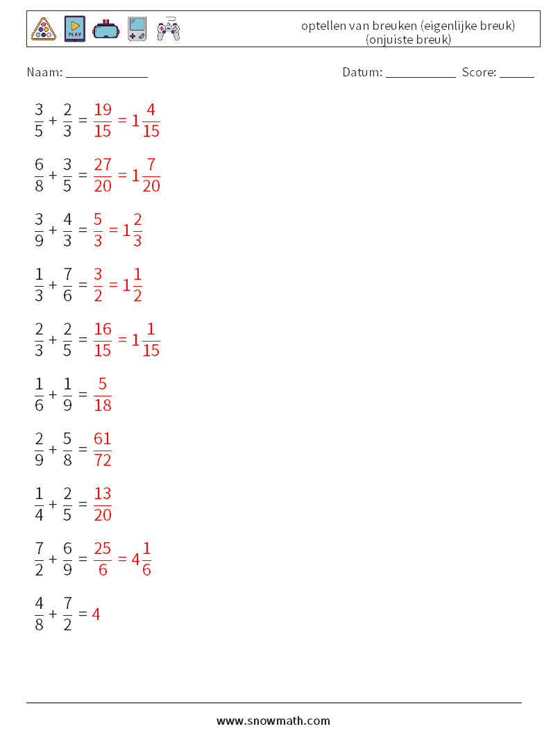 (10) optellen van breuken (eigenlijke breuk) (onjuiste breuk) Wiskundige werkbladen 1 Vraag, Antwoord