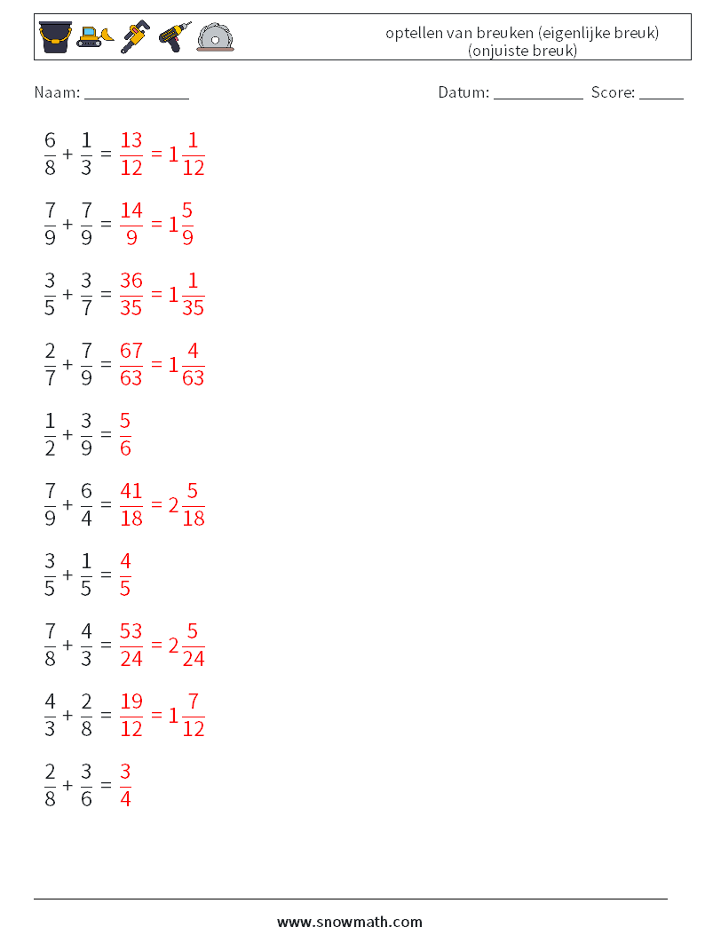 (10) optellen van breuken (eigenlijke breuk) (onjuiste breuk) Wiskundige werkbladen 2 Vraag, Antwoord