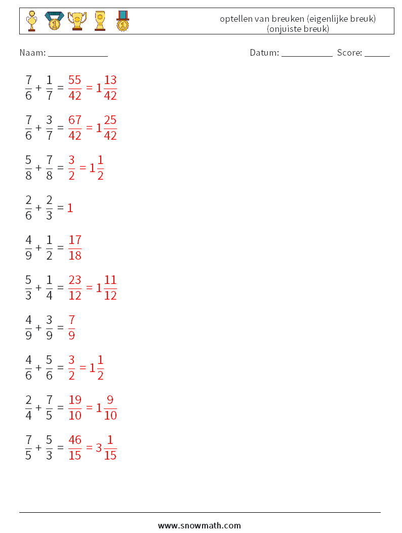 (10) optellen van breuken (eigenlijke breuk) (onjuiste breuk) Wiskundige werkbladen 3 Vraag, Antwoord