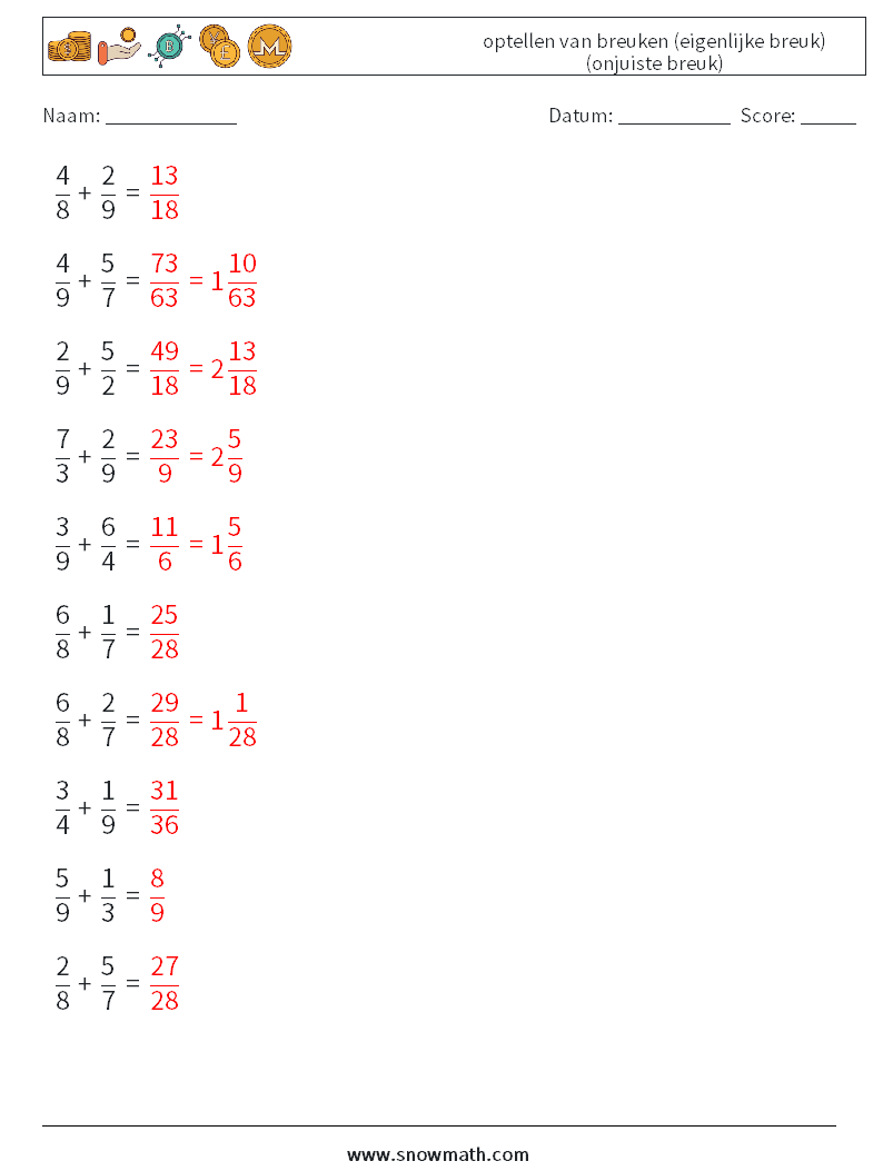 (10) optellen van breuken (eigenlijke breuk) (onjuiste breuk) Wiskundige werkbladen 6 Vraag, Antwoord