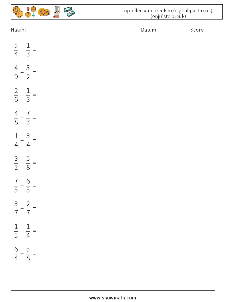 (10) optellen van breuken (eigenlijke breuk) (onjuiste breuk) Wiskundige werkbladen 8