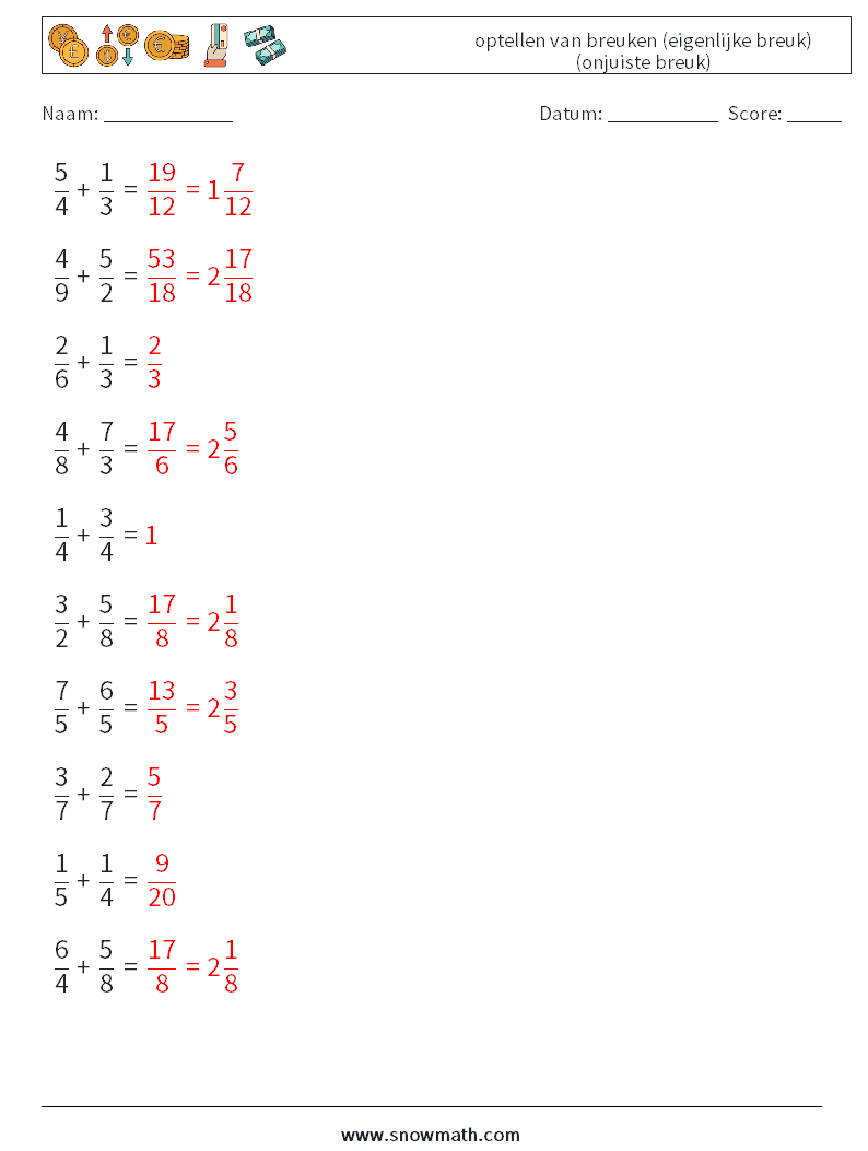 (10) optellen van breuken (eigenlijke breuk) (onjuiste breuk) Wiskundige werkbladen 8 Vraag, Antwoord