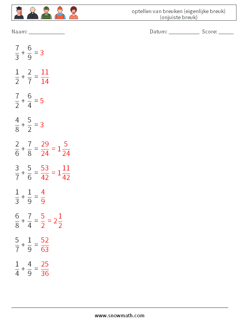 (10) optellen van breuken (eigenlijke breuk) (onjuiste breuk) Wiskundige werkbladen 9 Vraag, Antwoord