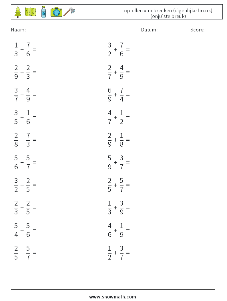 (20) optellen van breuken (eigenlijke breuk) (onjuiste breuk) Wiskundige werkbladen 1