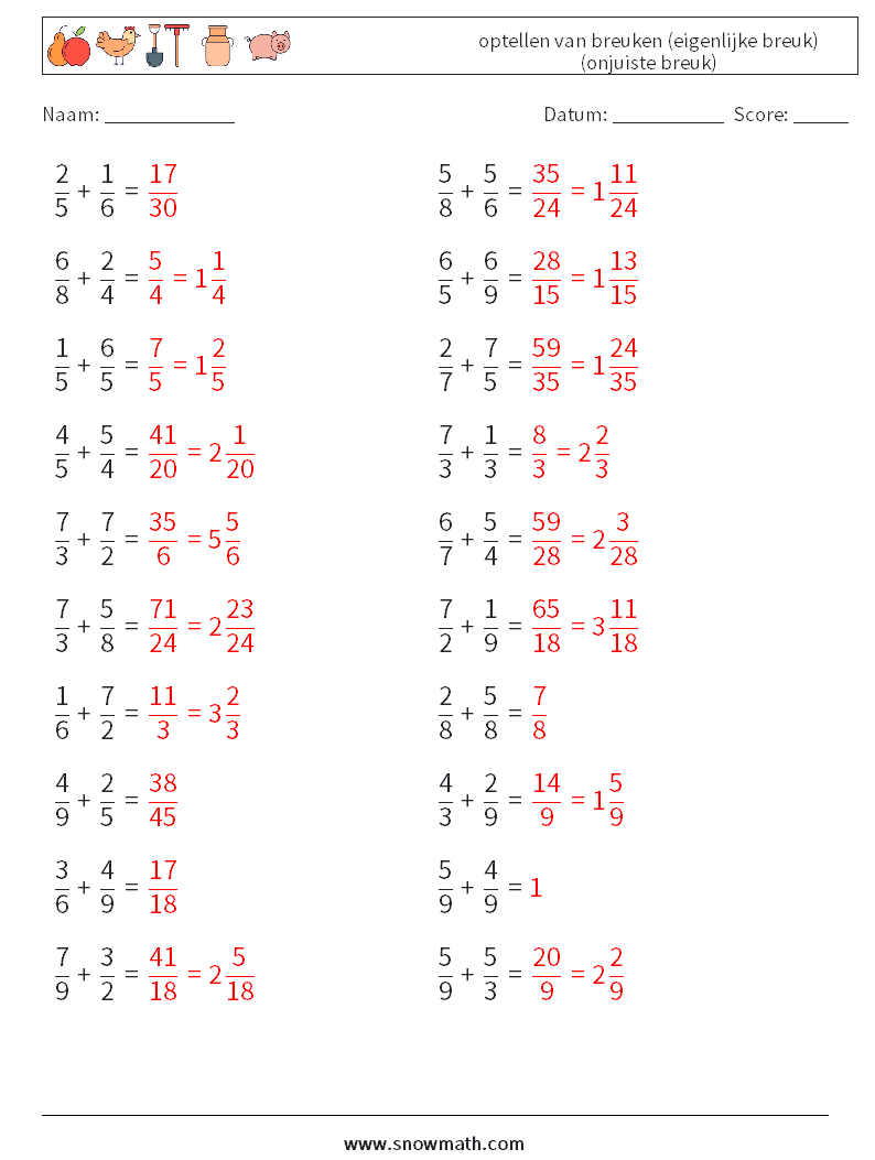 (20) optellen van breuken (eigenlijke breuk) (onjuiste breuk) Wiskundige werkbladen 10 Vraag, Antwoord