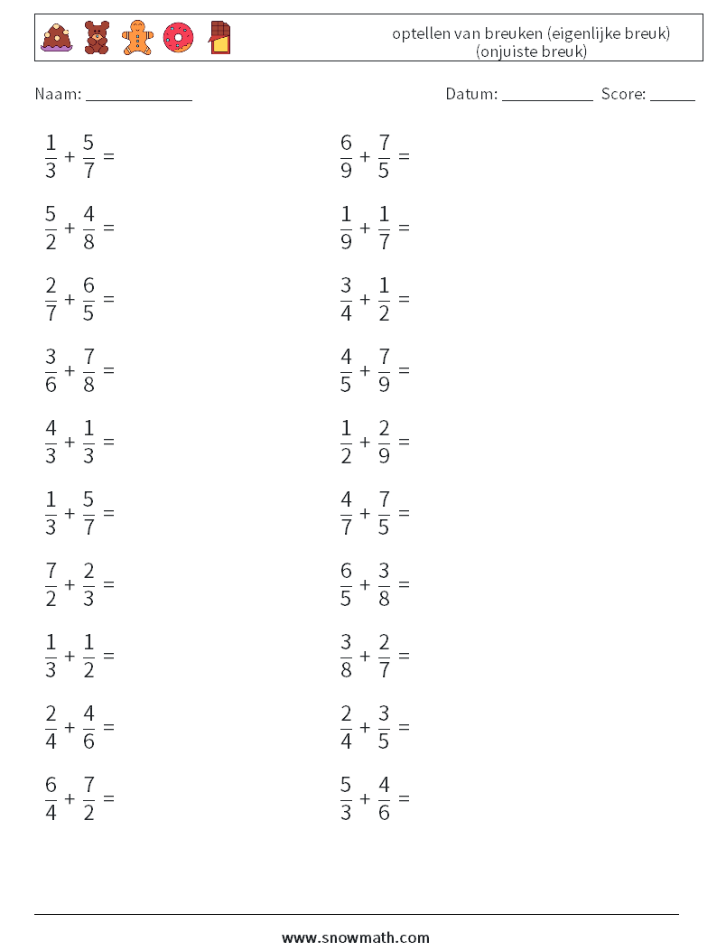 (20) optellen van breuken (eigenlijke breuk) (onjuiste breuk) Wiskundige werkbladen 11
