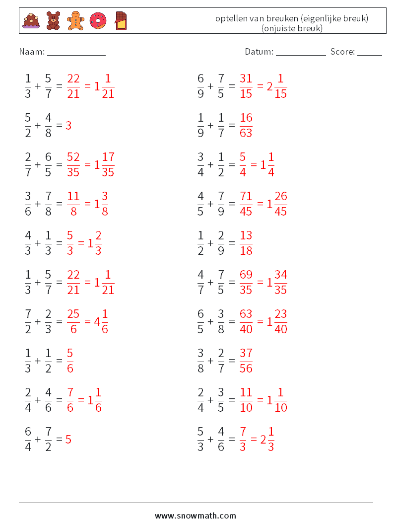 (20) optellen van breuken (eigenlijke breuk) (onjuiste breuk) Wiskundige werkbladen 11 Vraag, Antwoord