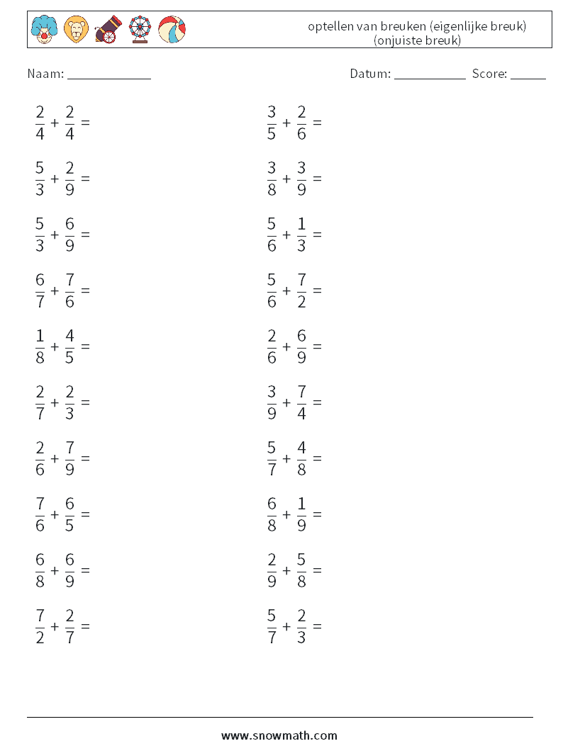 (20) optellen van breuken (eigenlijke breuk) (onjuiste breuk) Wiskundige werkbladen 12