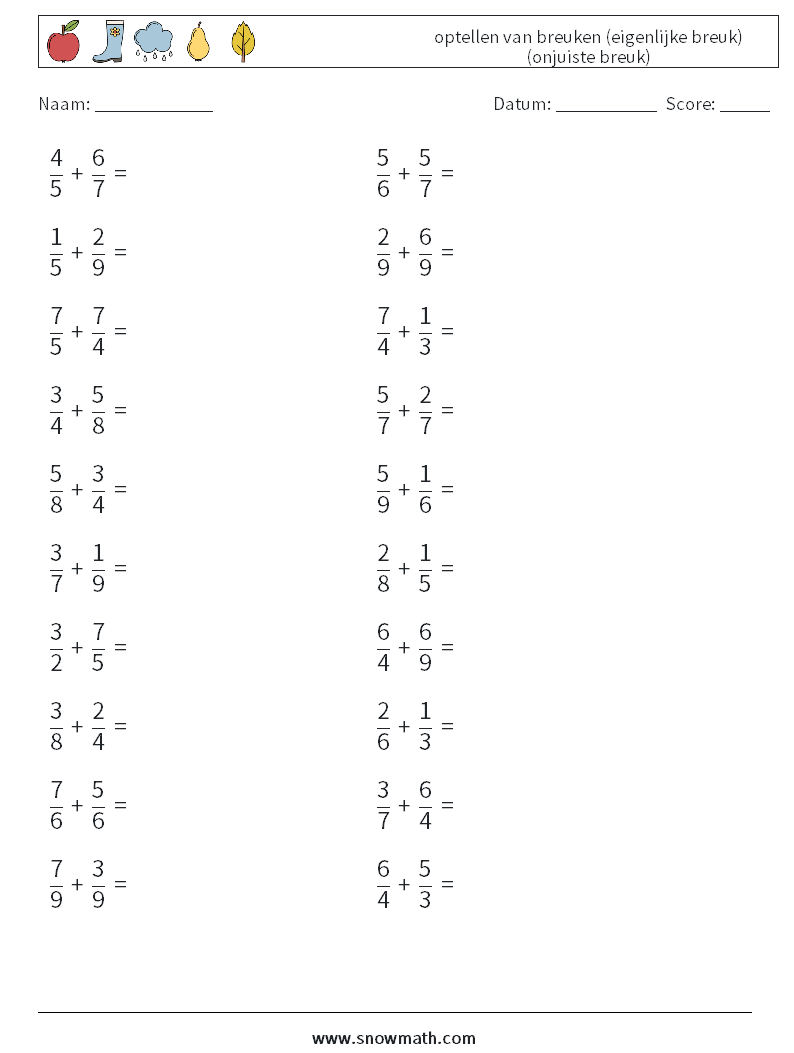 (20) optellen van breuken (eigenlijke breuk) (onjuiste breuk) Wiskundige werkbladen 13