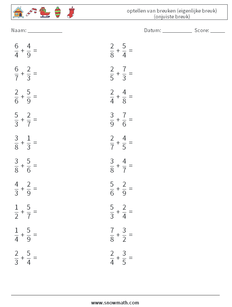 (20) optellen van breuken (eigenlijke breuk) (onjuiste breuk) Wiskundige werkbladen 14