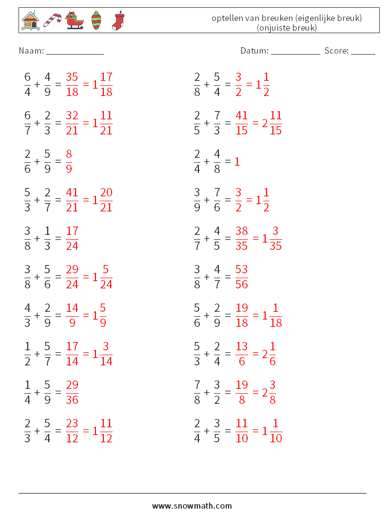 (20) optellen van breuken (eigenlijke breuk) (onjuiste breuk) Wiskundige werkbladen 14 Vraag, Antwoord