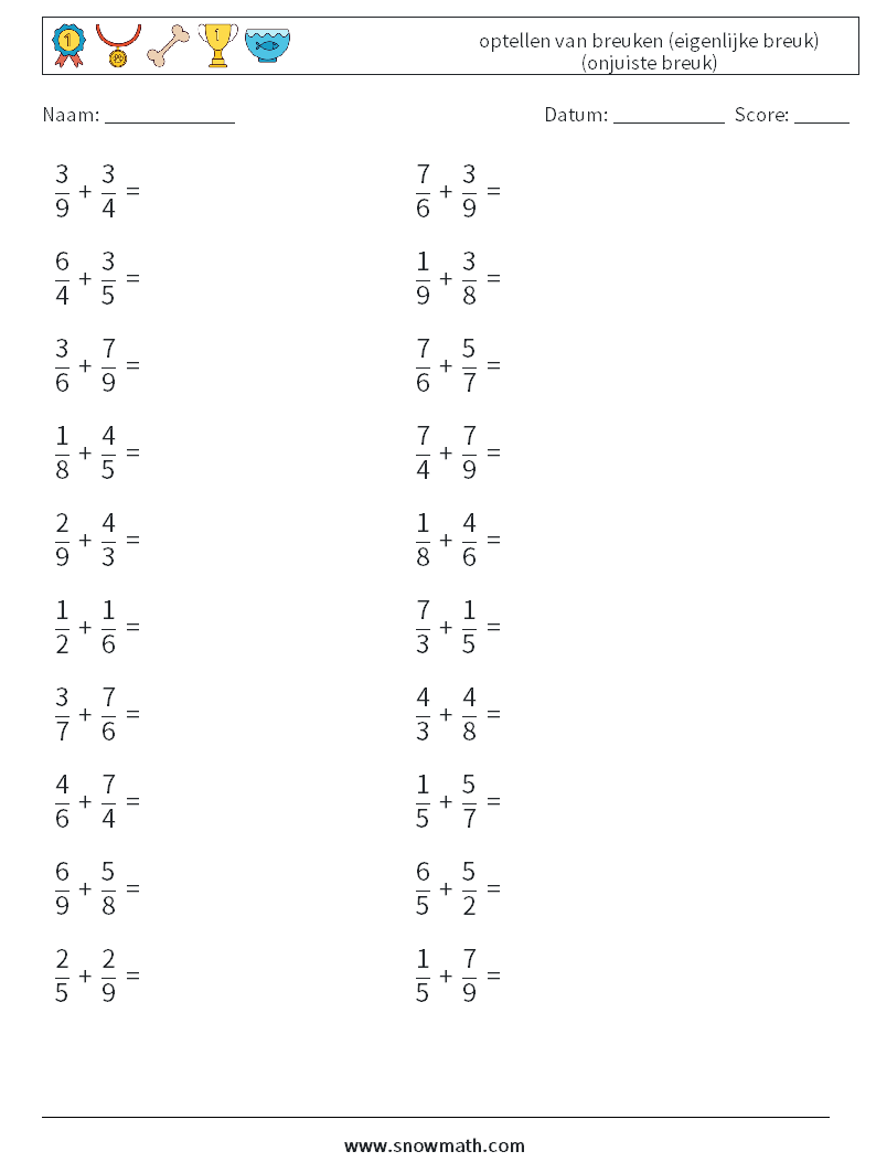 (20) optellen van breuken (eigenlijke breuk) (onjuiste breuk) Wiskundige werkbladen 15