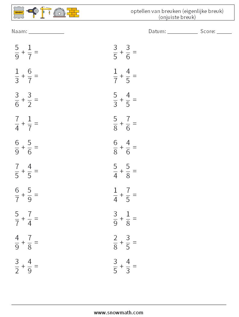 (20) optellen van breuken (eigenlijke breuk) (onjuiste breuk) Wiskundige werkbladen 16