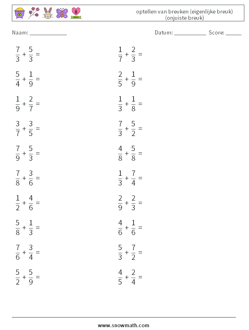 (20) optellen van breuken (eigenlijke breuk) (onjuiste breuk) Wiskundige werkbladen 17