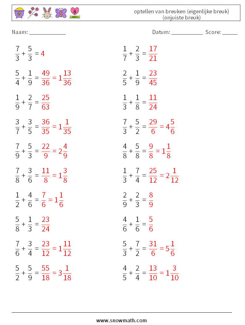 (20) optellen van breuken (eigenlijke breuk) (onjuiste breuk) Wiskundige werkbladen 17 Vraag, Antwoord