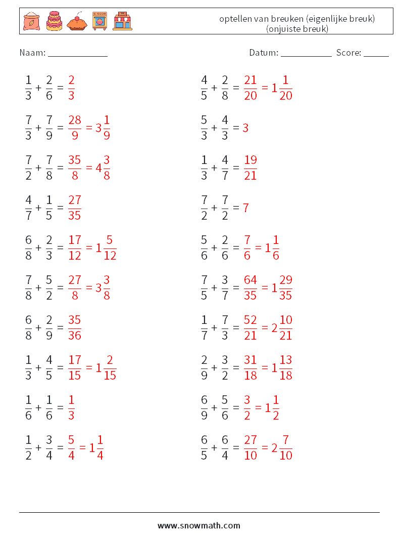 (20) optellen van breuken (eigenlijke breuk) (onjuiste breuk) Wiskundige werkbladen 18 Vraag, Antwoord