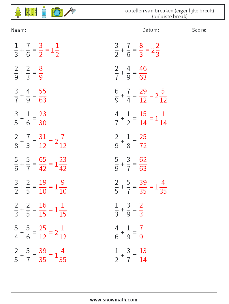 (20) optellen van breuken (eigenlijke breuk) (onjuiste breuk) Wiskundige werkbladen 1 Vraag, Antwoord