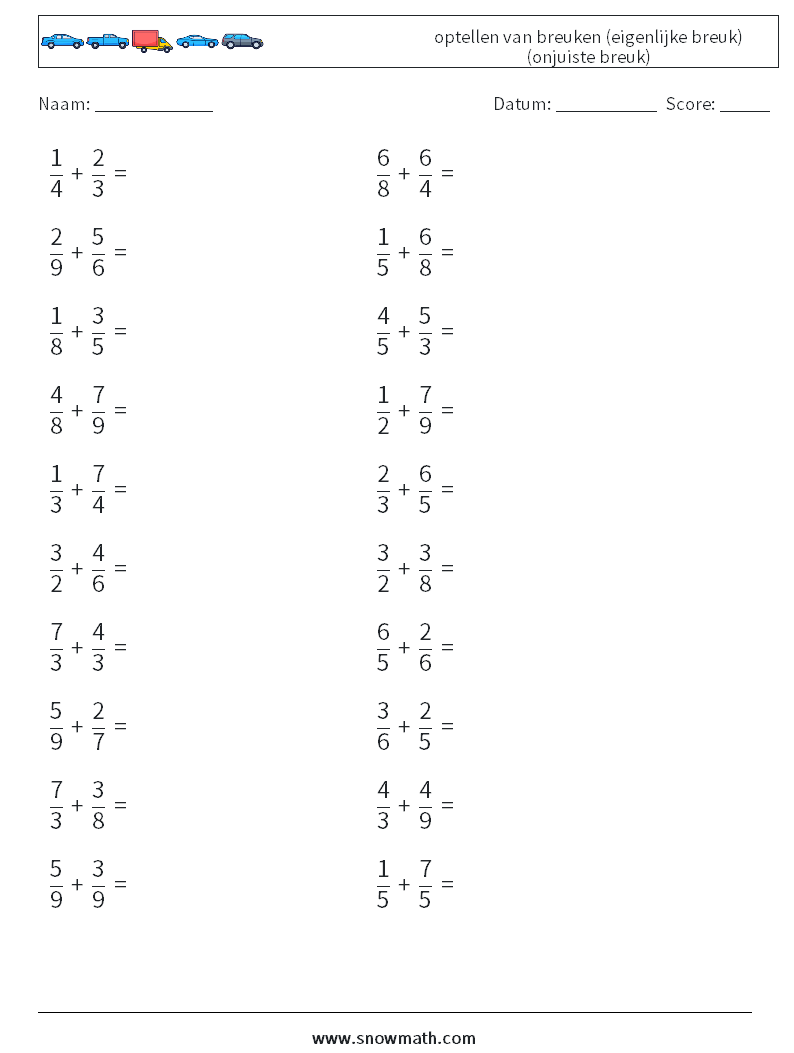 (20) optellen van breuken (eigenlijke breuk) (onjuiste breuk) Wiskundige werkbladen 2