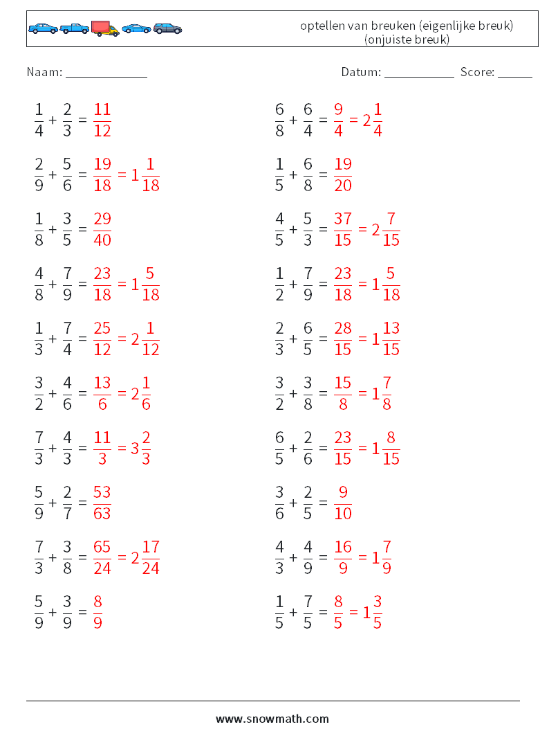 (20) optellen van breuken (eigenlijke breuk) (onjuiste breuk) Wiskundige werkbladen 2 Vraag, Antwoord